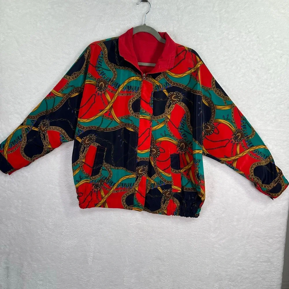 GDT Too Reversible Bomber Jacket Womens OS Red Multi‎ Chain Print Vintage 80s
